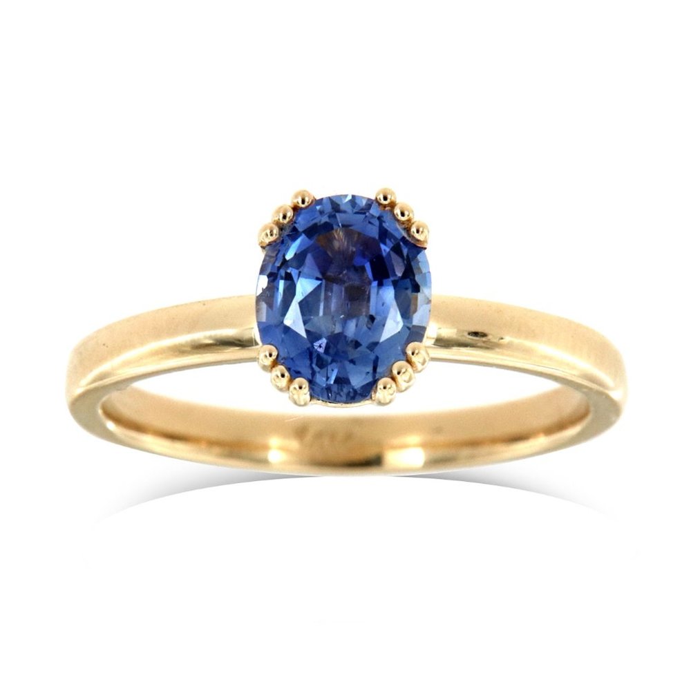 14K Yellow Gold Oval Blue Natural Sapphire Ring